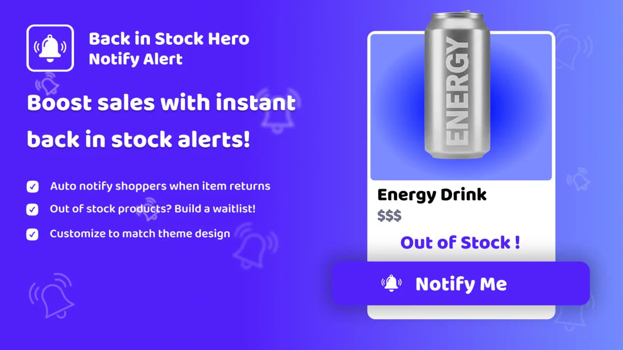Back In Stock Notify Hero app banner showing notify-me widget and email alerts